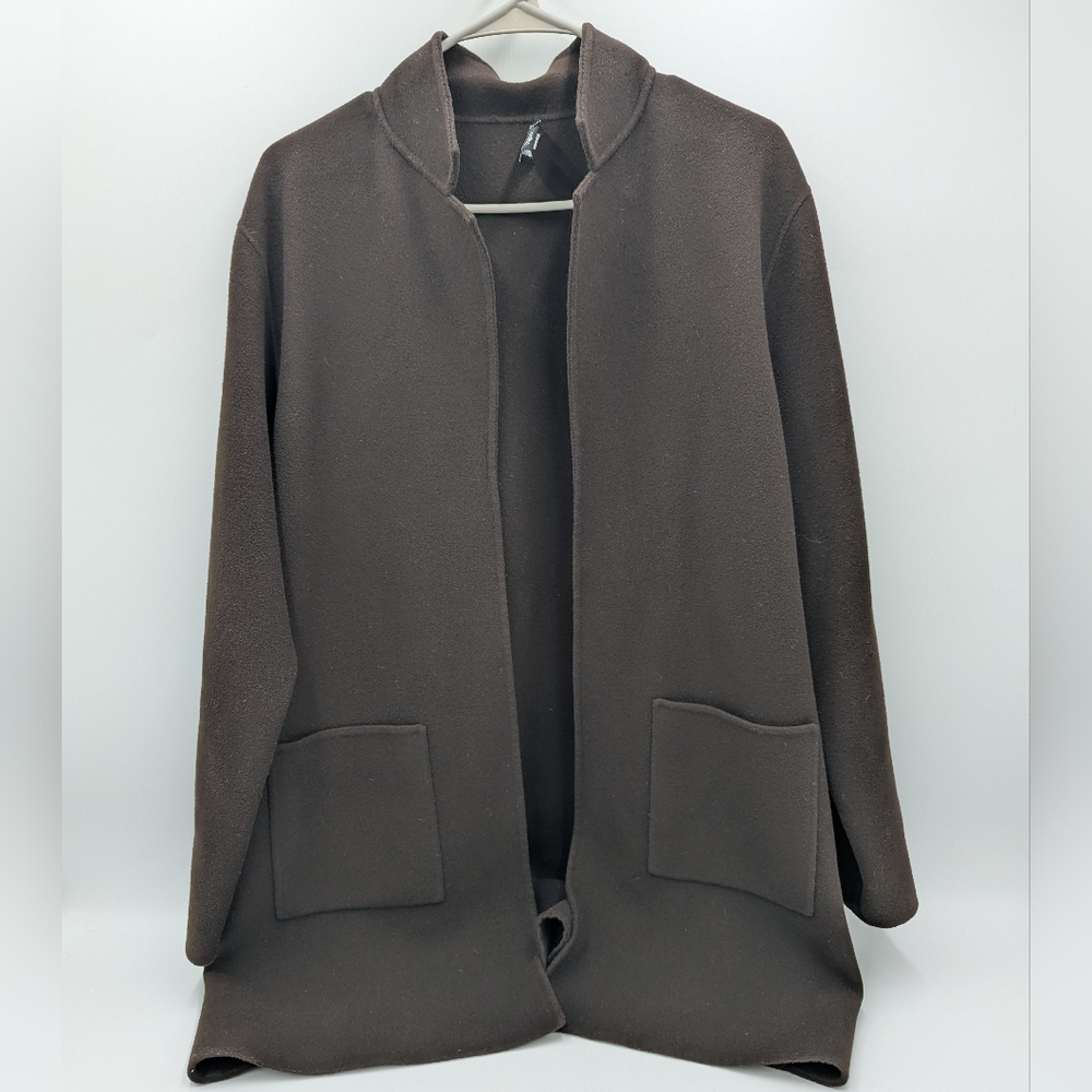 Eileen Fisher Brown Wool Cashmere Open Front Cardigan Lagenlook Minimalist L